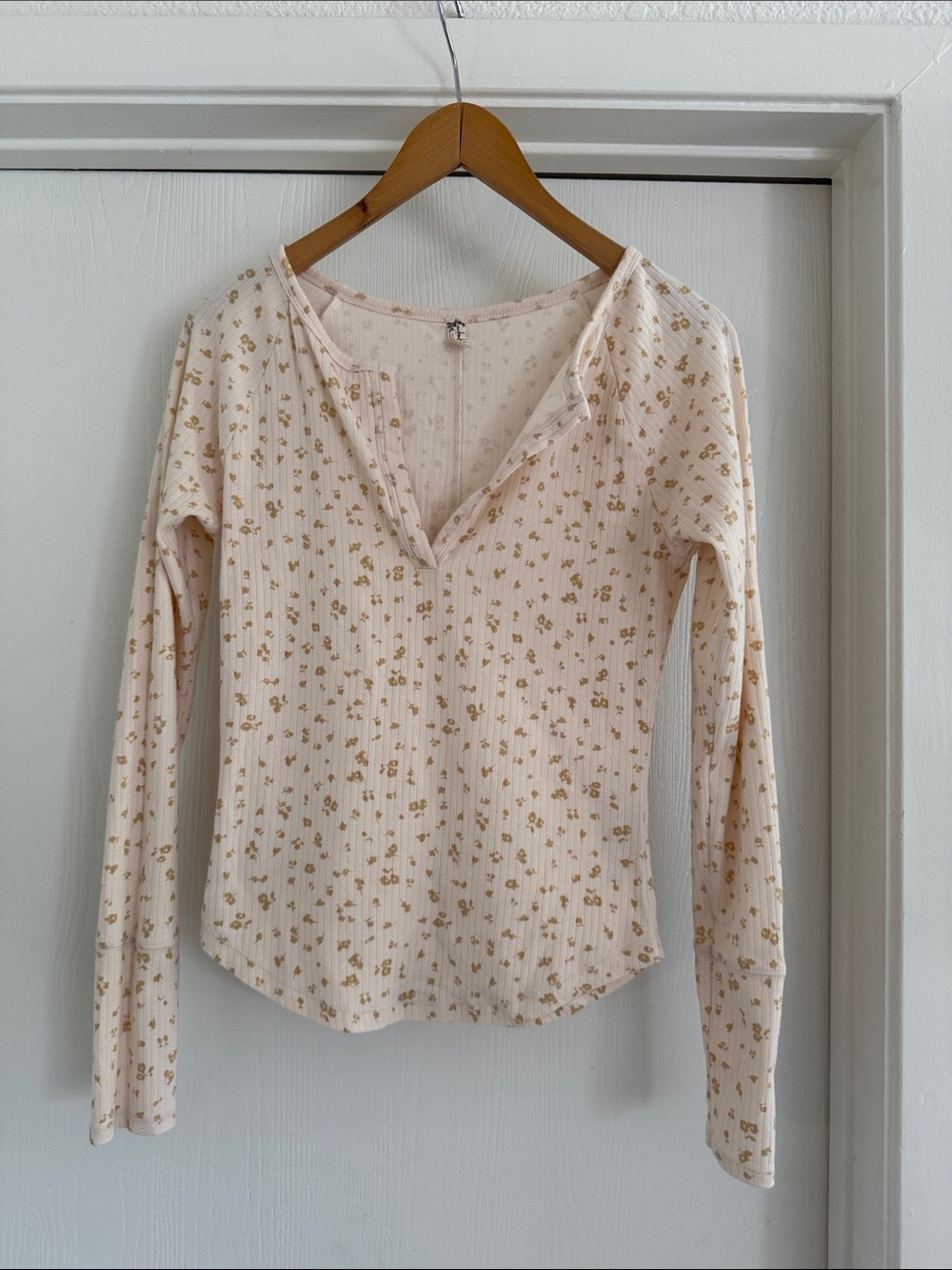 NWOT Free People Intimately FP Billie Ribbed Floral Notch Long Sleeve Cream/Tan